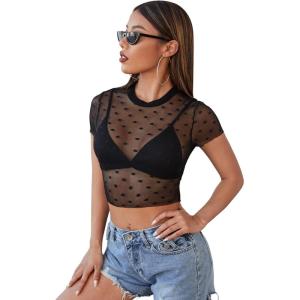 imageFloerns Womens Sheer See Through Mock Neck Star Pattern Mesh Blouse Tops without BraBlack Polka Dots