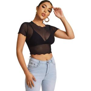 imageFloerns Womens Sheer See Through Mock Neck Star Pattern Mesh Blouse Tops without BraDark Black