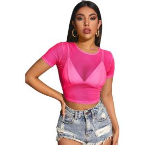 imageFloerns Womens Sheer See Through Mock Neck Star Pattern Mesh Blouse Tops without BraHot Pink
