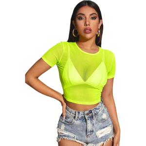 imageFloerns Womens Sheer See Through Mock Neck Star Pattern Mesh Blouse Tops without BraLime Green