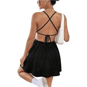 imageFloerns Womens Summer Ditsy Floral Backless Tie Back Sleeveless Cami Mini DressBlack Solid