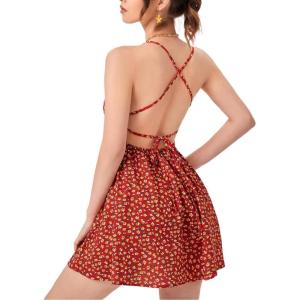 imageFloerns Womens Summer Ditsy Floral Backless Tie Back Sleeveless Cami Mini DressRed Multi