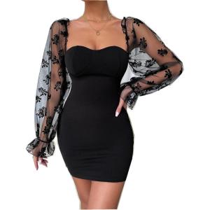 imageFloerns Womens Sweetheart Neck Mesh Sheer Ruffle Long Sleeve Bodycon Mini DressBlack Rose Black