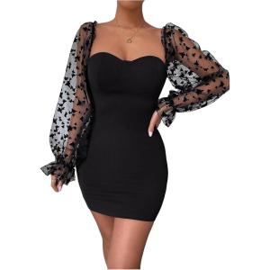 imageFloerns Womens Sweetheart Neck Mesh Sheer Ruffle Long Sleeve Bodycon Mini DressBlack Solid