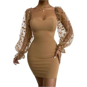 imageFloerns Womens Sweetheart Neck Mesh Sheer Ruffle Long Sleeve Bodycon Mini DressCamel