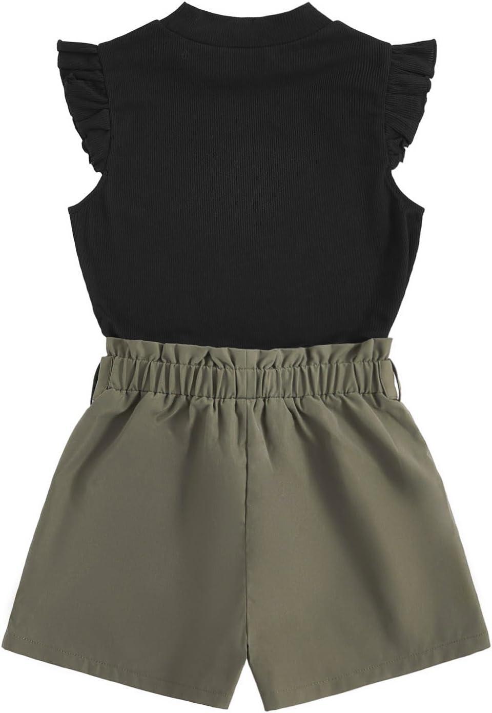 imageFloerns Girls 2 Piece Outfit Ruffle Trim Tee Top with Paperbag Waist Shorts SetBlack Green