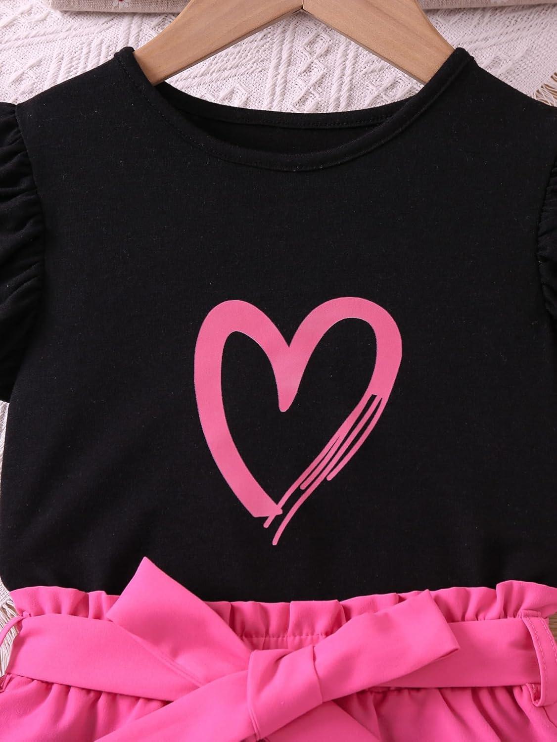 imageFloerns Girls 2 Piece Outfit Ruffle Trim Tee Top with Paperbag Waist Shorts SetBlack Heart Pink