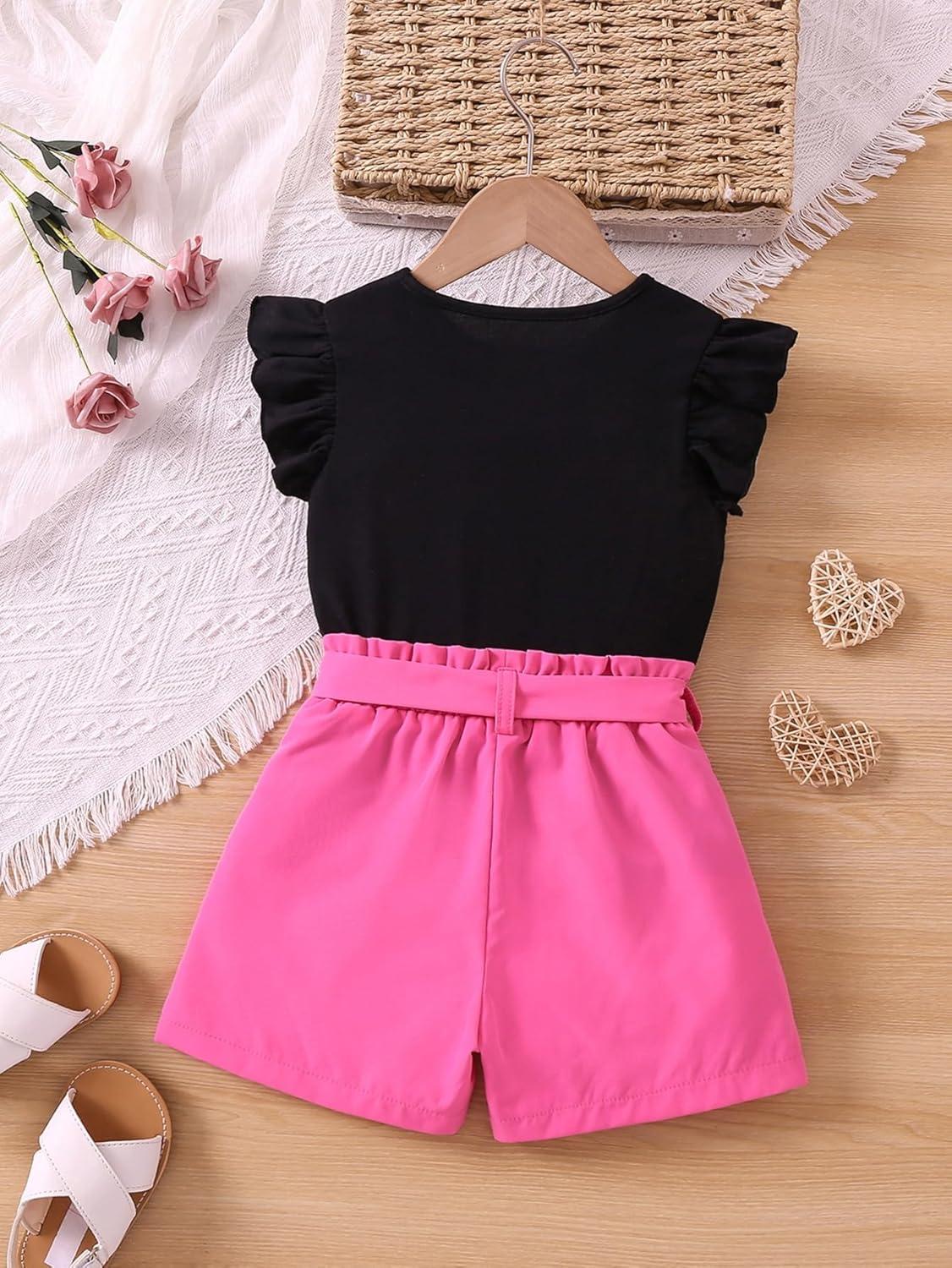 imageFloerns Girls 2 Piece Outfit Ruffle Trim Tee Top with Paperbag Waist Shorts SetBlack Heart Pink