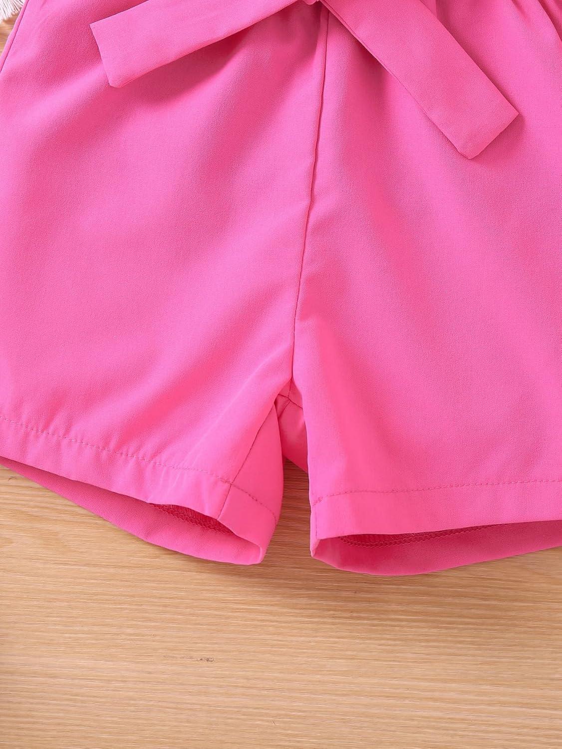 imageFloerns Girls 2 Piece Outfit Ruffle Trim Tee Top with Paperbag Waist Shorts SetBlack Heart Pink