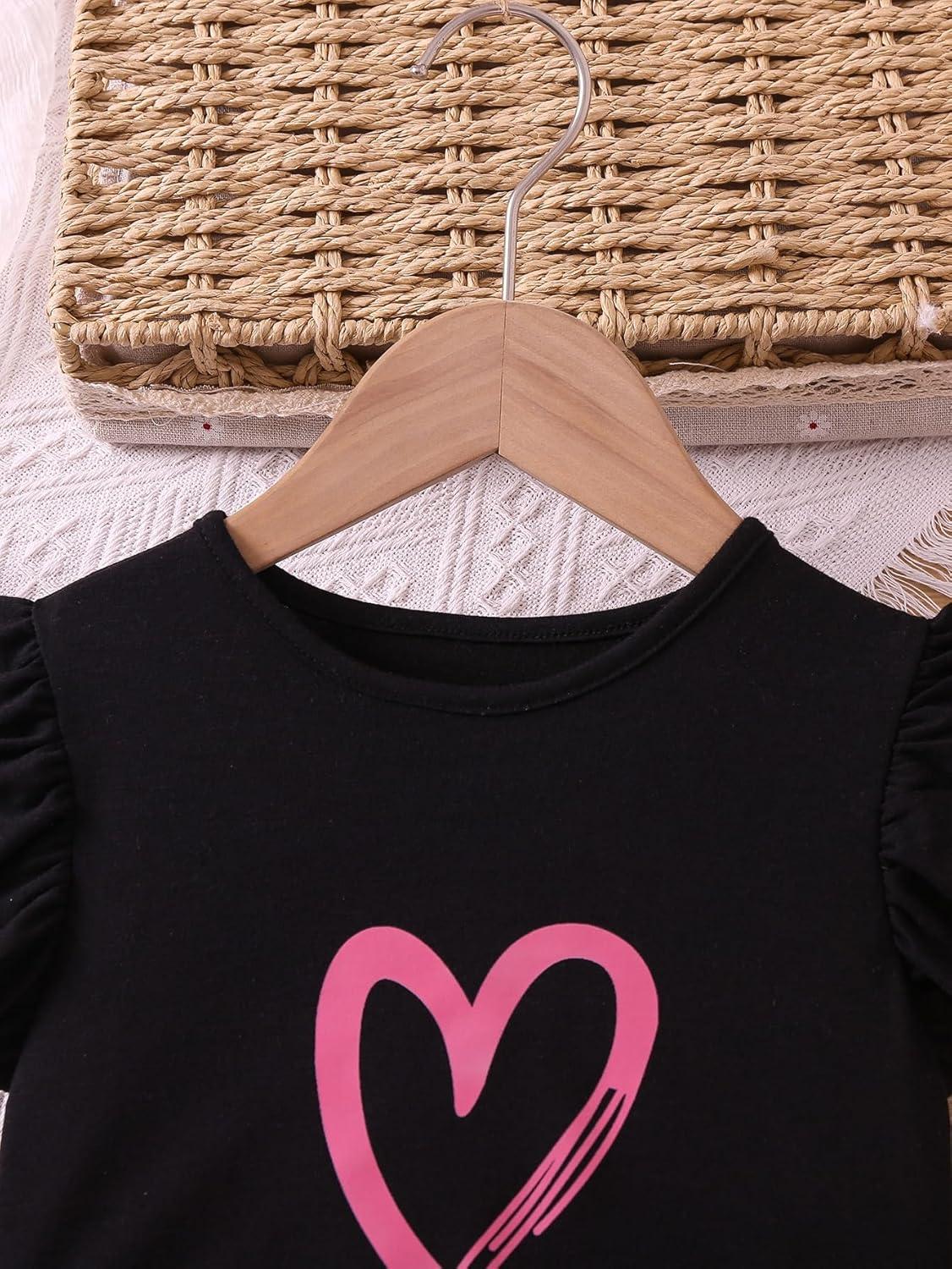 imageFloerns Girls 2 Piece Outfit Ruffle Trim Tee Top with Paperbag Waist Shorts SetBlack Heart Pink