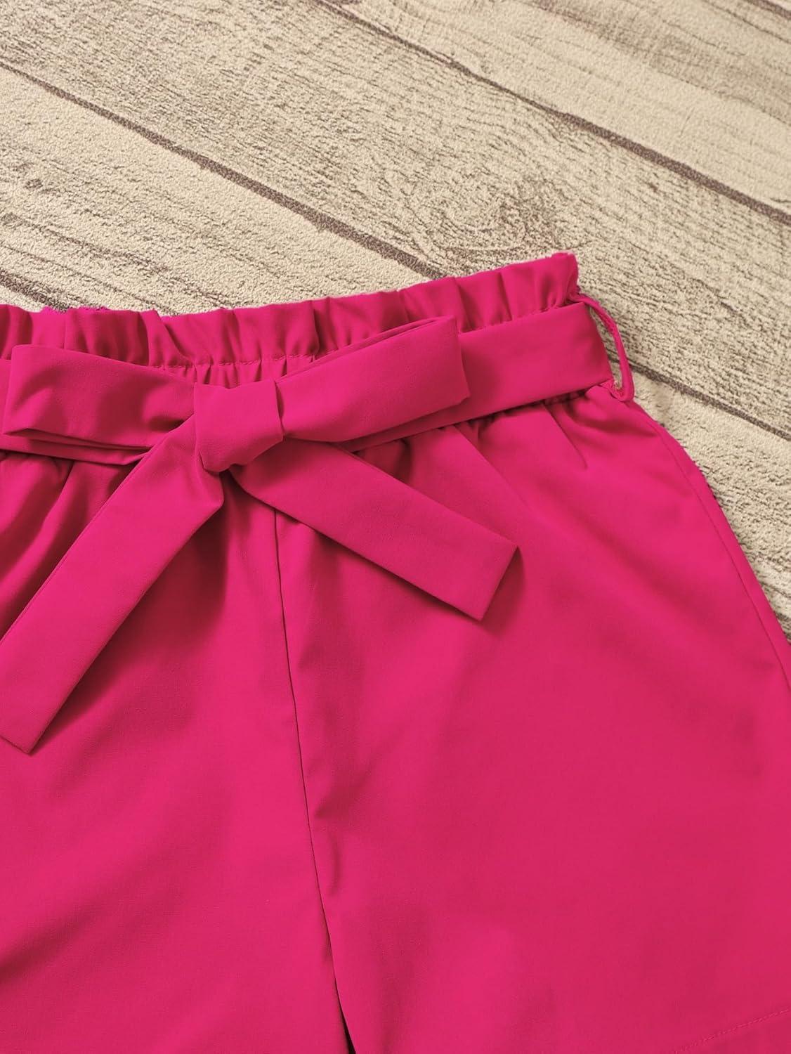imageFloerns Girls 2 Piece Outfit Ruffle Trim Tee Top with Paperbag Waist Shorts SetBlack Rose Red