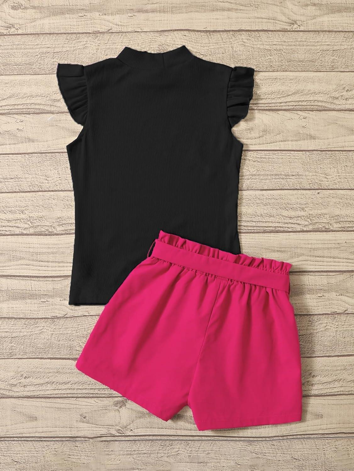 imageFloerns Girls 2 Piece Outfit Ruffle Trim Tee Top with Paperbag Waist Shorts SetBlack Rose Red