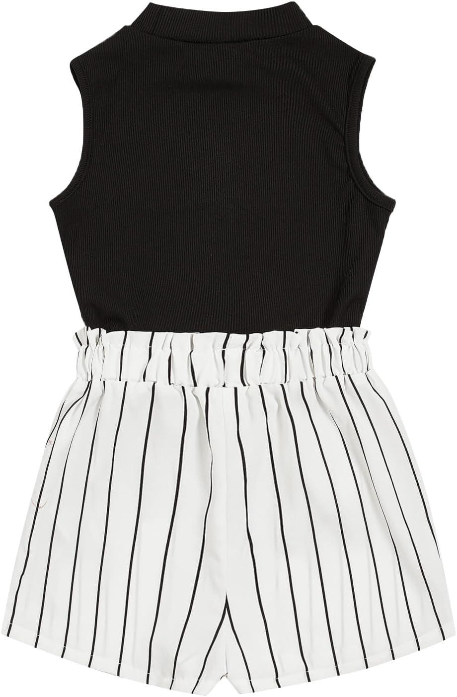 imageFloerns Girls 2 Piece Outfit Ruffle Trim Tee Top with Paperbag Waist Shorts SetBlack Striped