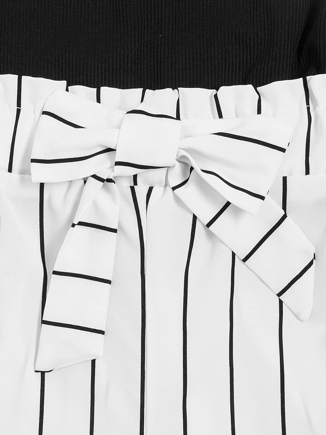 imageFloerns Girls 2 Piece Outfit Ruffle Trim Tee Top with Paperbag Waist Shorts SetBlack Striped