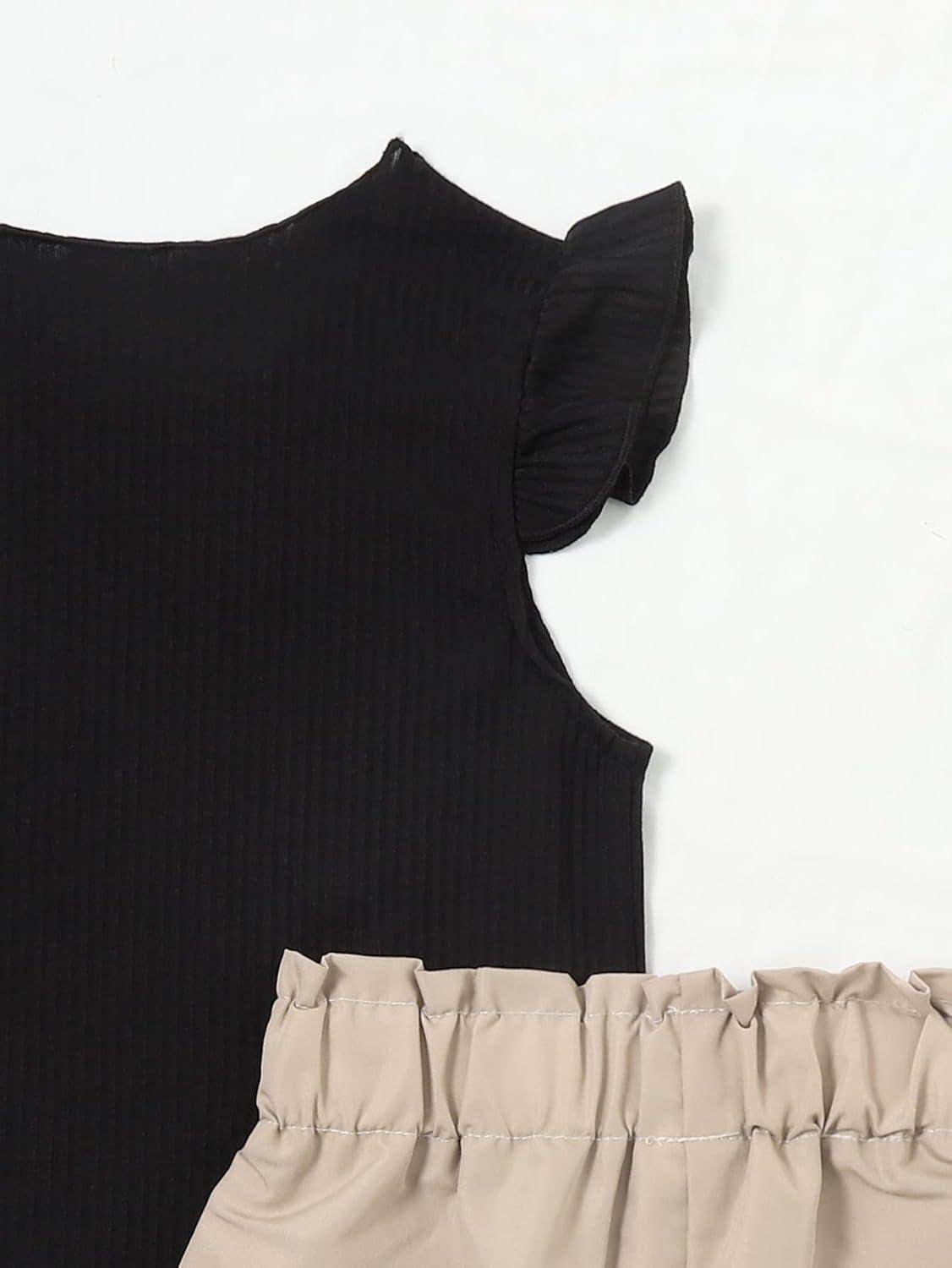 imageFloerns Girls 2 Piece Outfit Ruffle Trim Tee Top with Paperbag Waist Shorts SetBlack and Beige