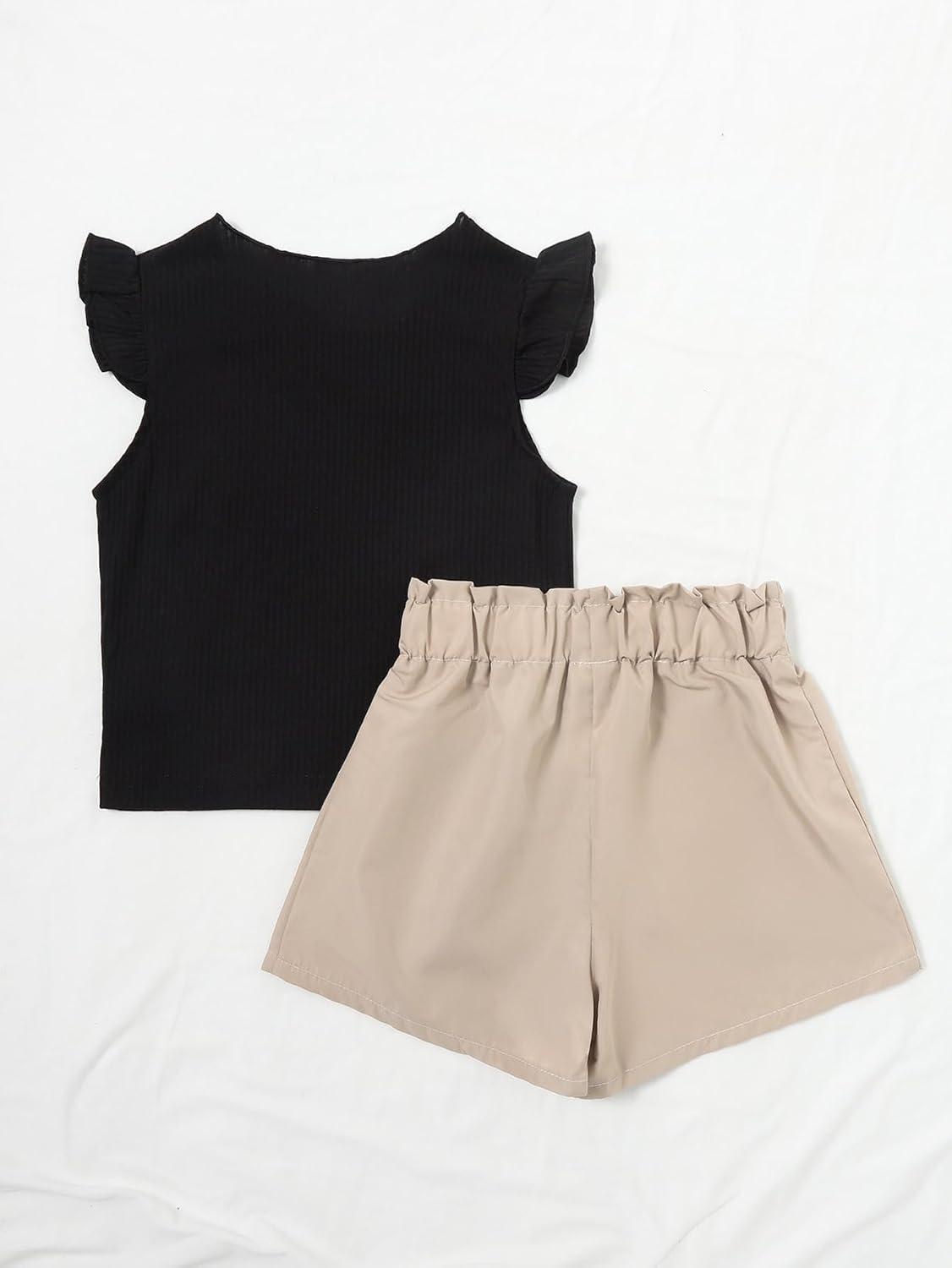 imageFloerns Girls 2 Piece Outfit Ruffle Trim Tee Top with Paperbag Waist Shorts SetBlack and Beige