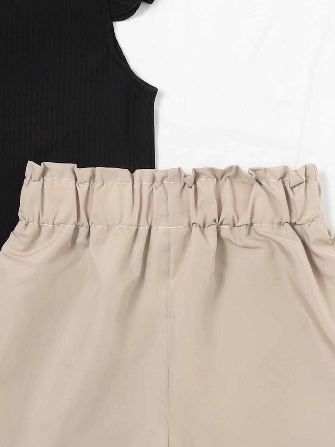 imageFloerns Girls 2 Piece Outfit Ruffle Trim Tee Top with Paperbag Waist Shorts SetBlack and Beige