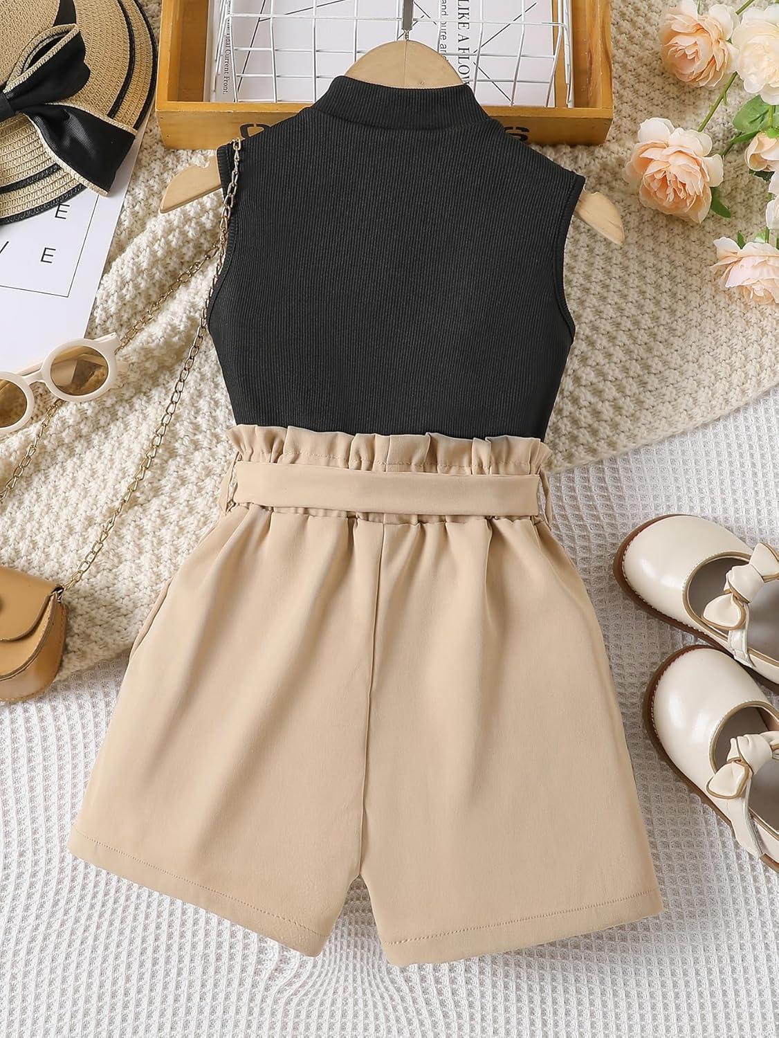 imageFloerns Girls 2 Piece Outfit Ruffle Trim Tee Top with Paperbag Waist Shorts SetBlack and Khaki