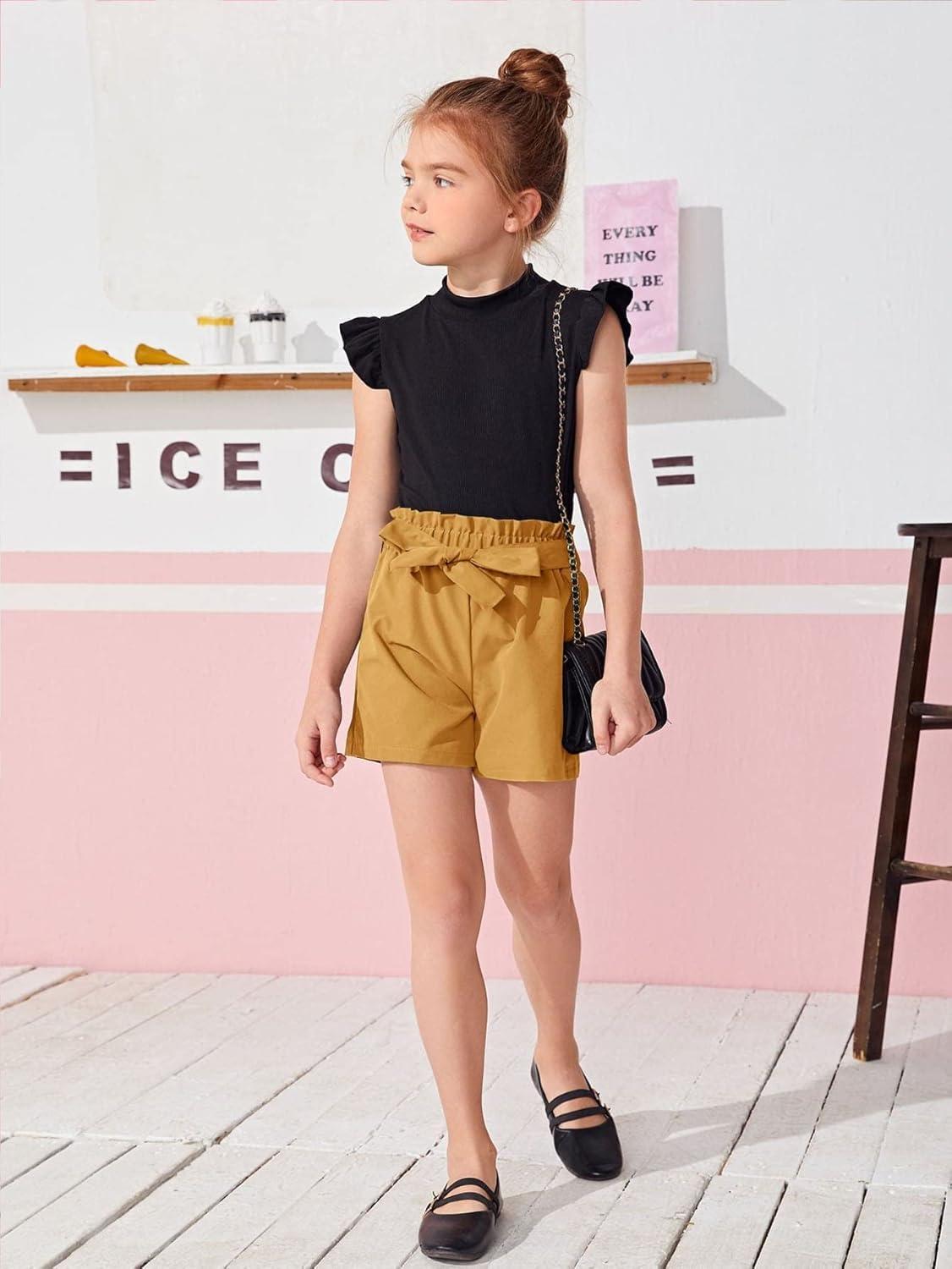 imageFloerns Girls 2 Piece Outfit Ruffle Trim Tee Top with Paperbag Waist Shorts SetBlack and Yellow