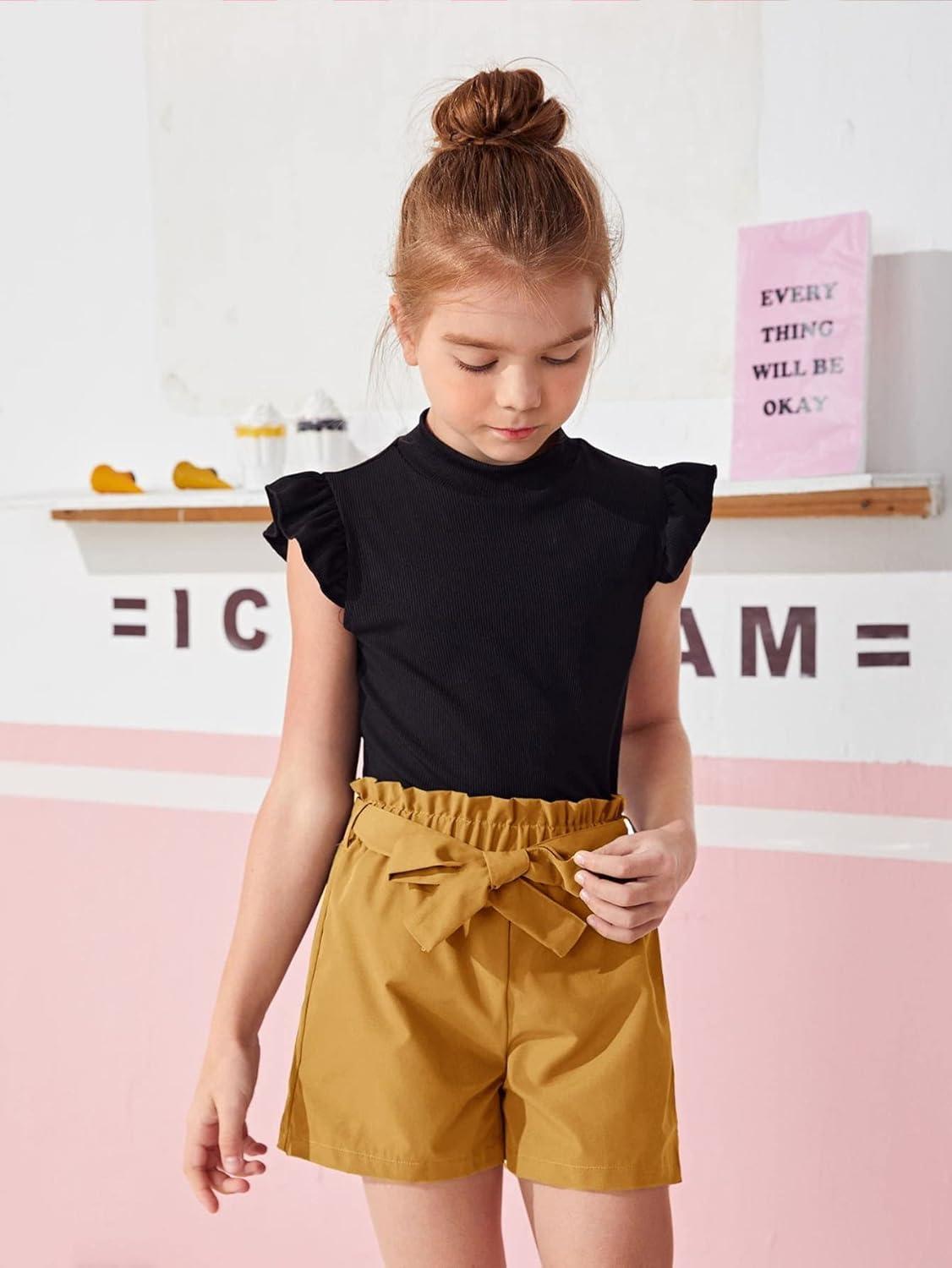 imageFloerns Girls 2 Piece Outfit Ruffle Trim Tee Top with Paperbag Waist Shorts SetBlack and Yellow