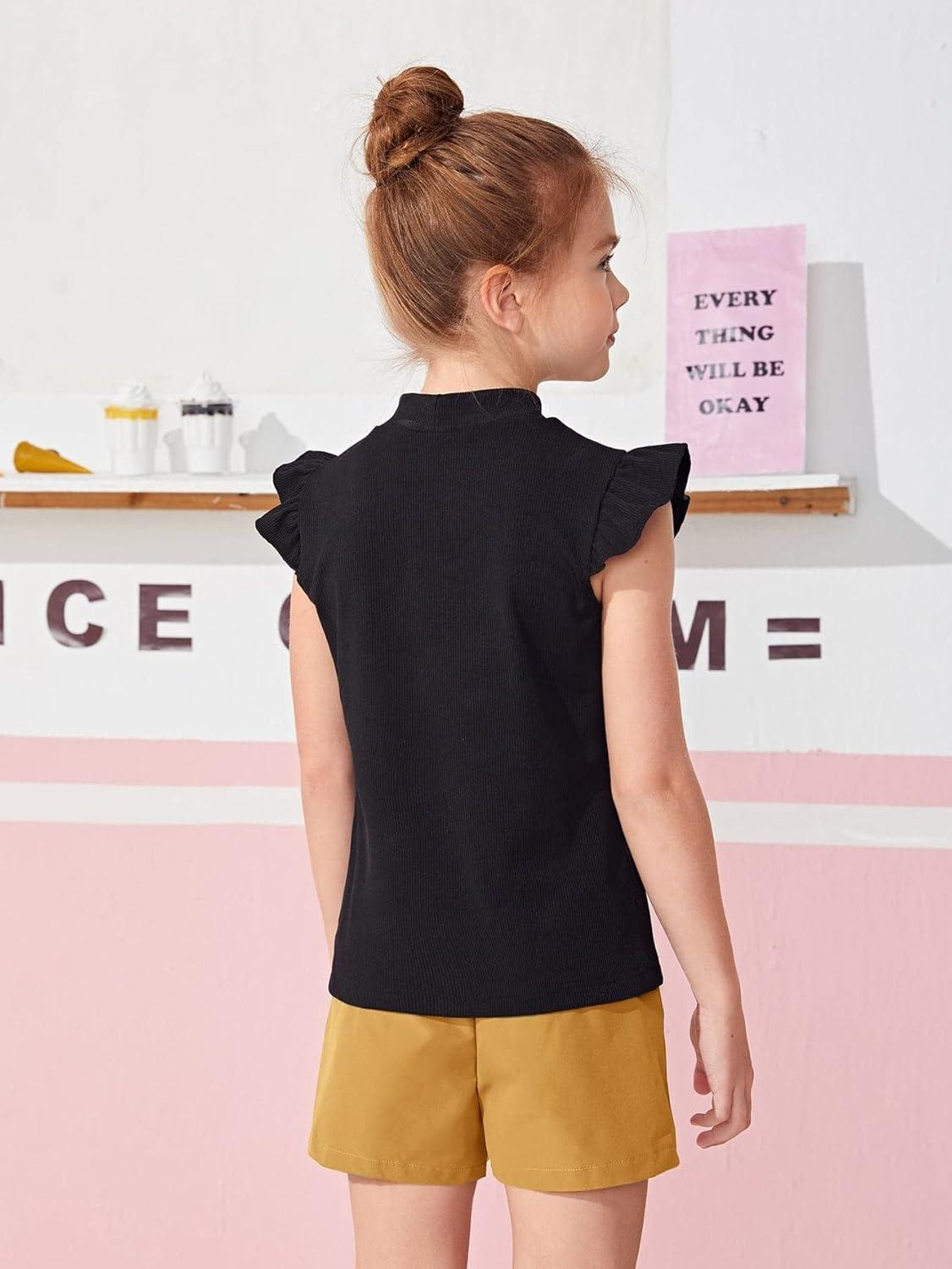 imageFloerns Girls 2 Piece Outfit Ruffle Trim Tee Top with Paperbag Waist Shorts SetBlack and Yellow