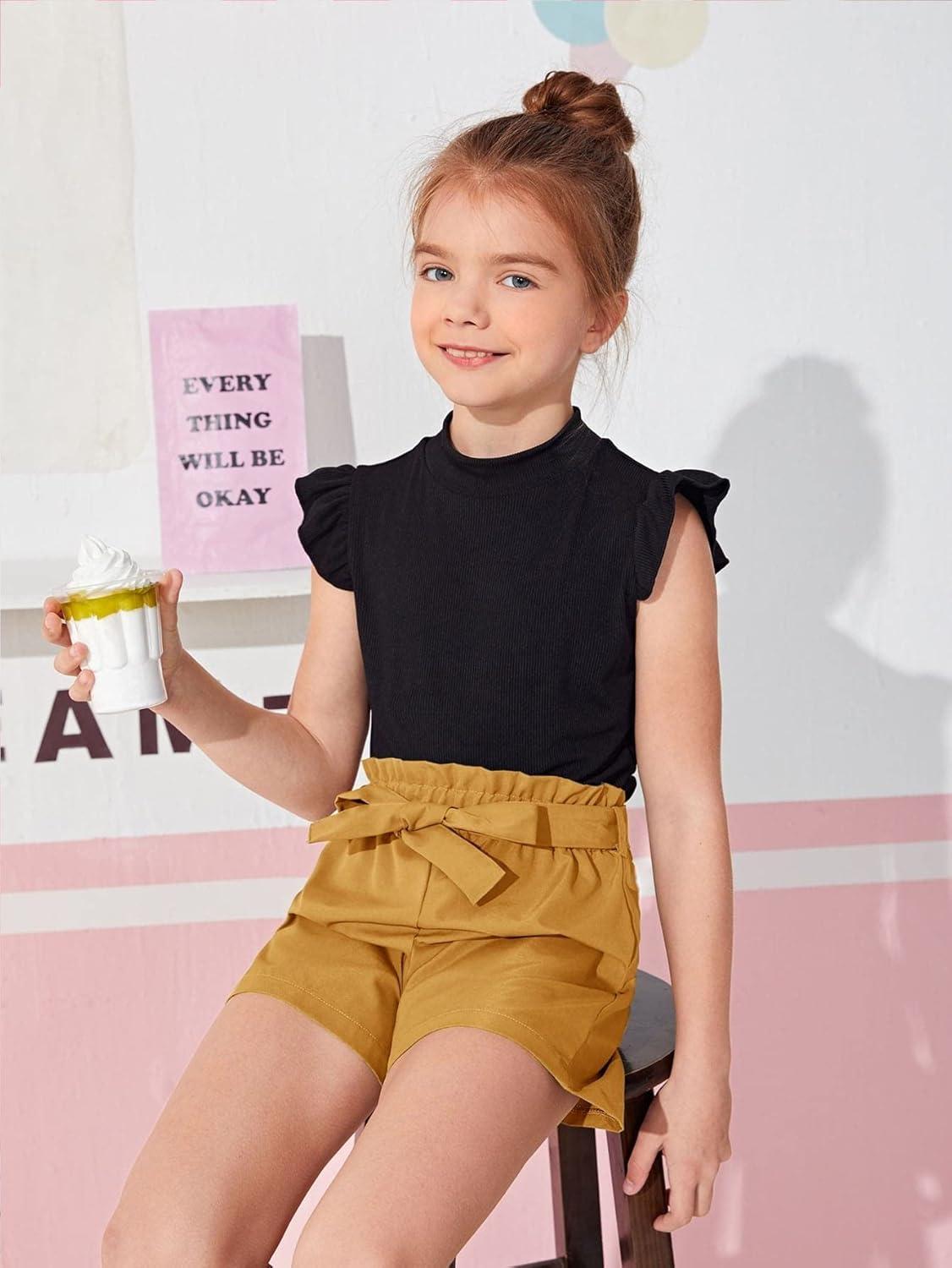 imageFloerns Girls 2 Piece Outfit Ruffle Trim Tee Top with Paperbag Waist Shorts SetBlack and Yellow