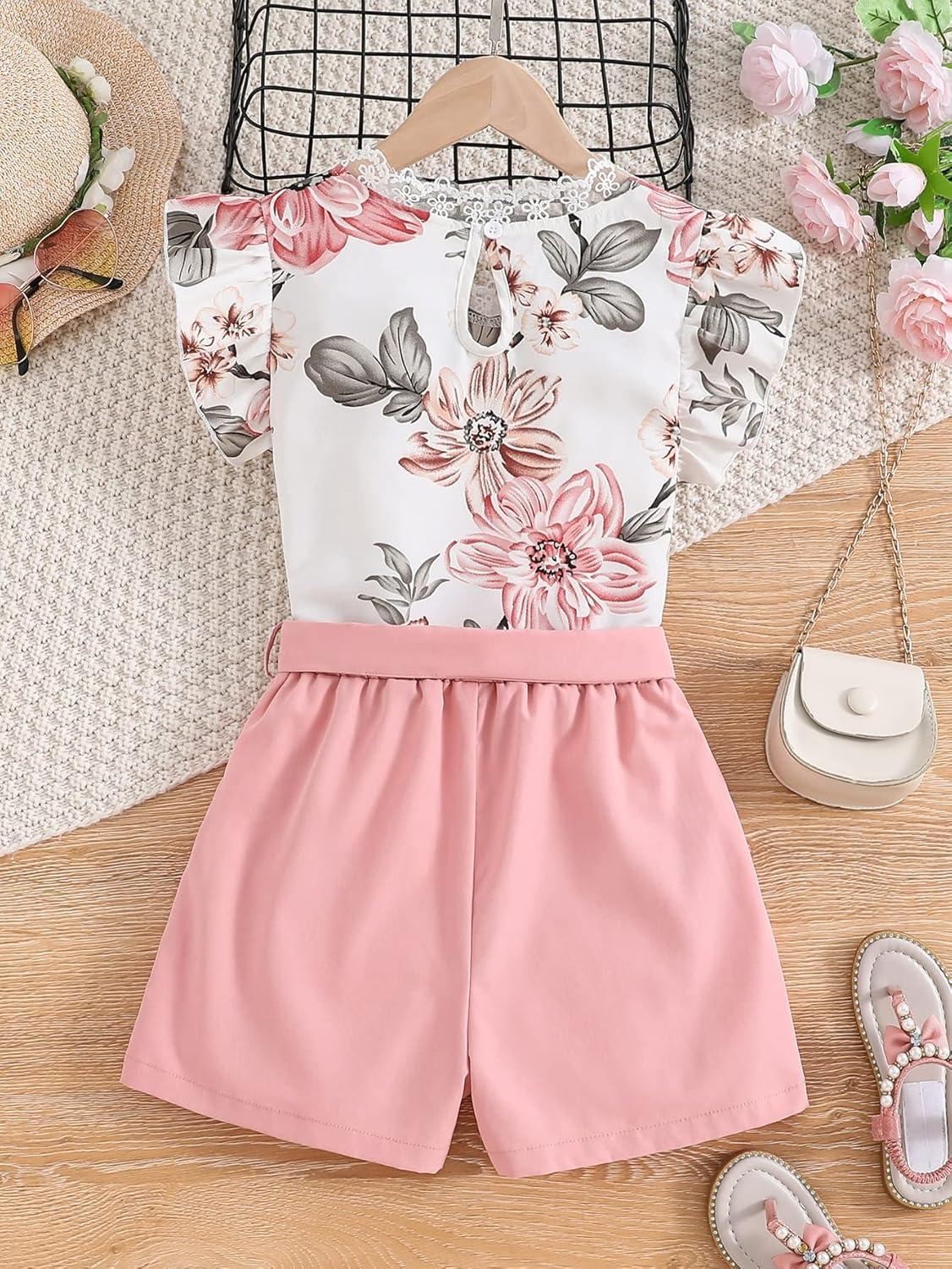 imageFloerns Girls 2 Piece Outfit Ruffle Trim Tee Top with Paperbag Waist Shorts SetWhite Floral Multi