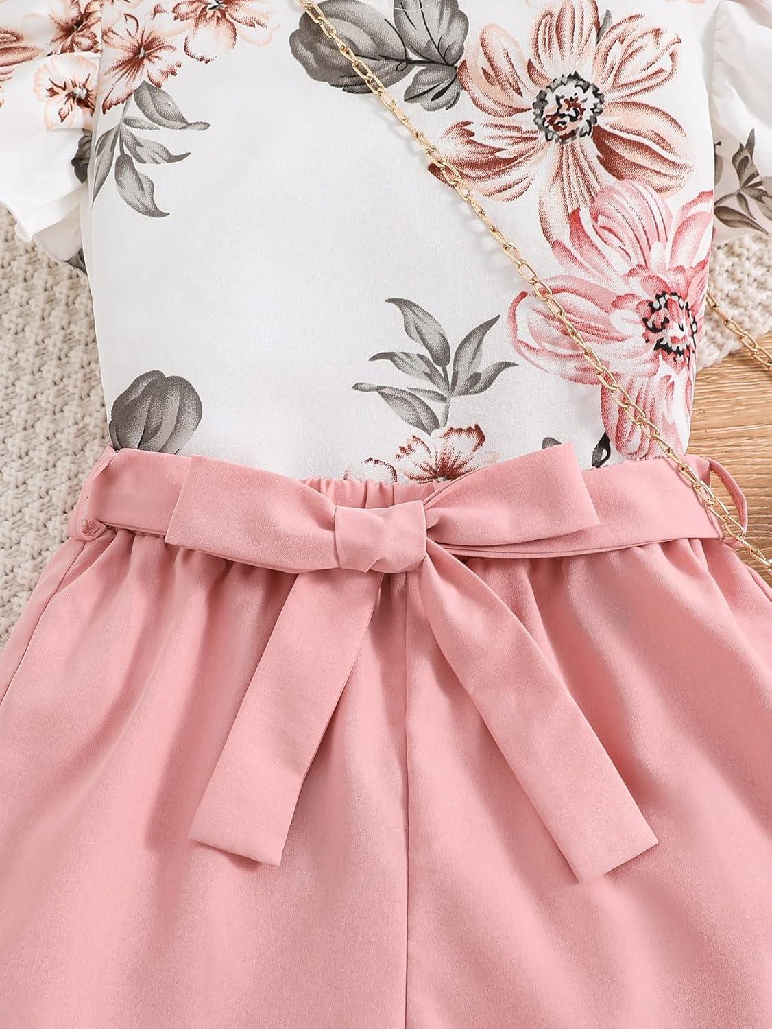 imageFloerns Girls 2 Piece Outfit Ruffle Trim Tee Top with Paperbag Waist Shorts SetWhite Floral Multi
