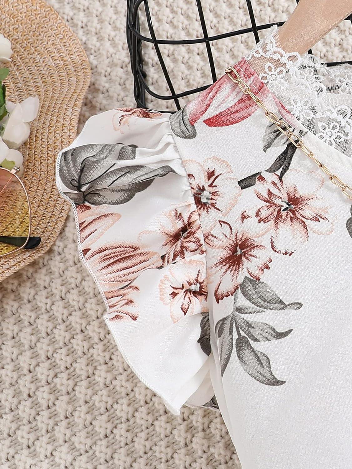 imageFloerns Girls 2 Piece Outfit Ruffle Trim Tee Top with Paperbag Waist Shorts SetWhite Floral Multi