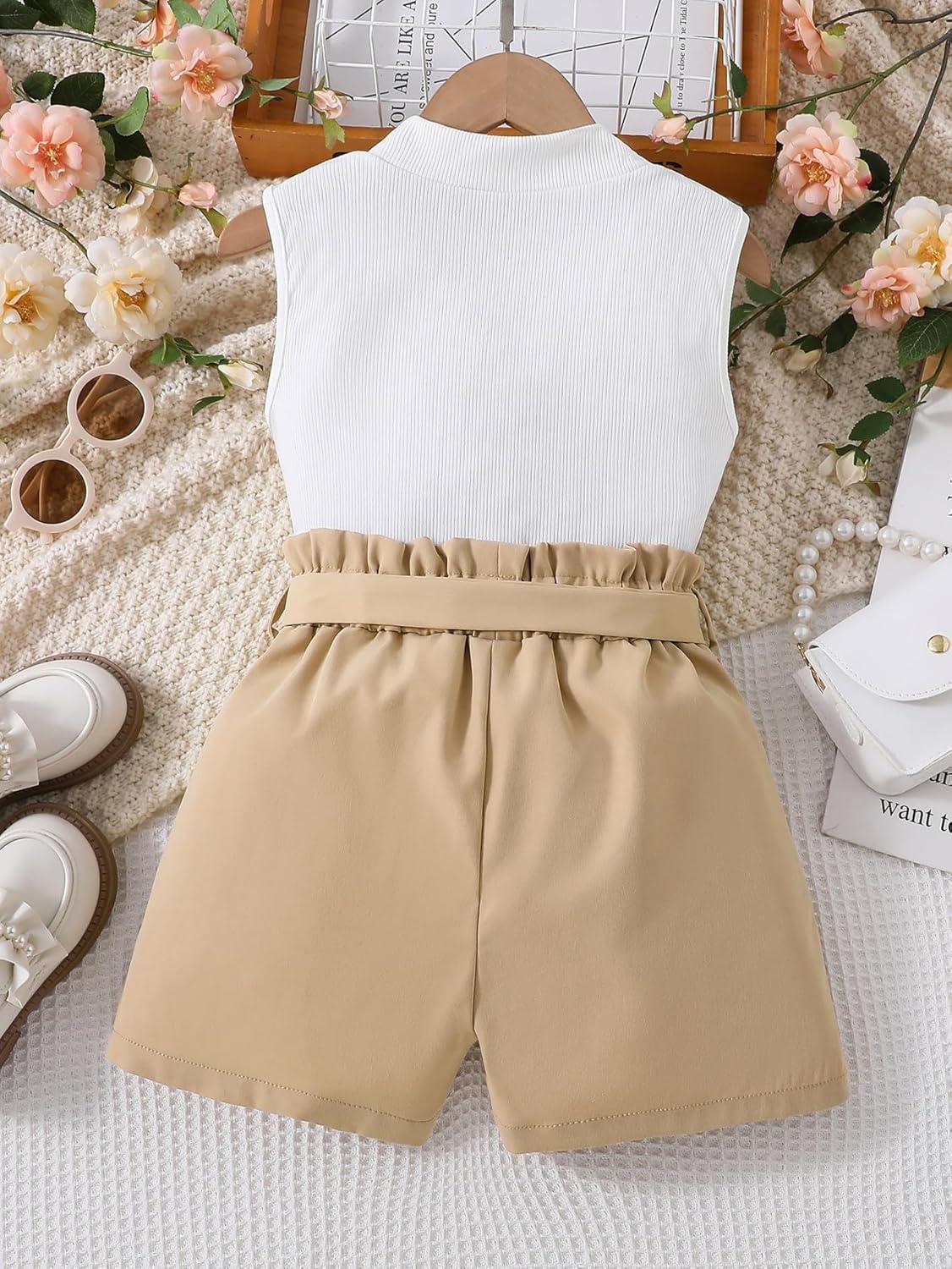 imageFloerns Girls 2 Piece Outfit Ruffle Trim Tee Top with Paperbag Waist Shorts SetWhite and Khaki