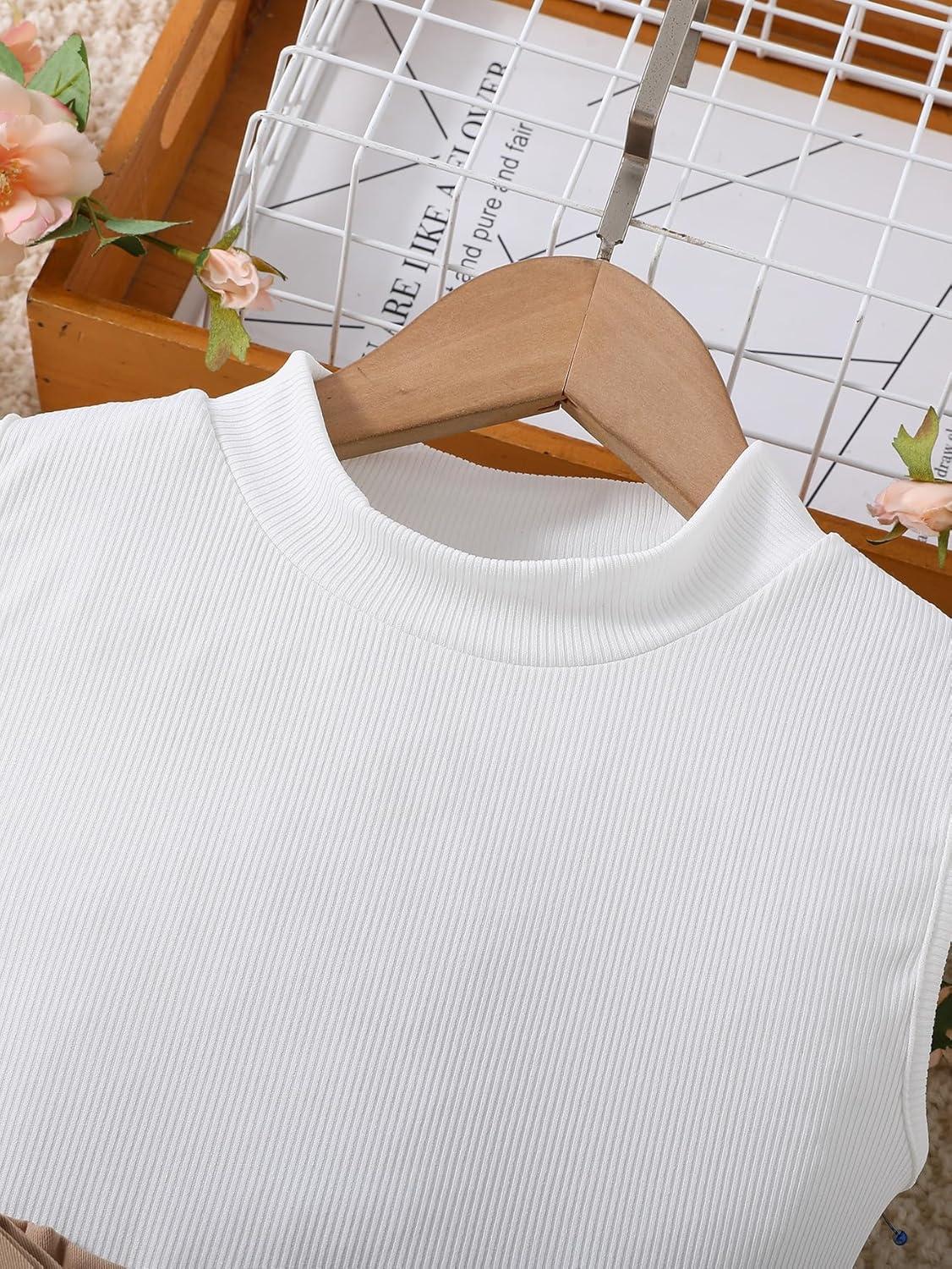imageFloerns Girls 2 Piece Outfit Ruffle Trim Tee Top with Paperbag Waist Shorts SetWhite and Khaki
