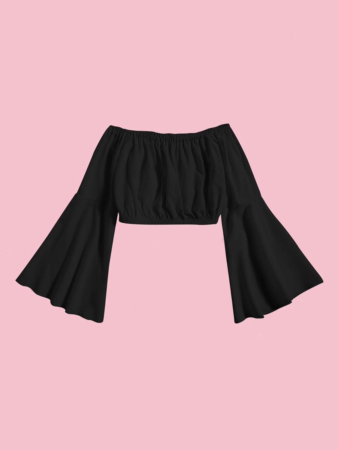 imageFloerns Girls Off The Shoulder Flounce Long Sleeve Ruched Blouse Crop TopsBlack