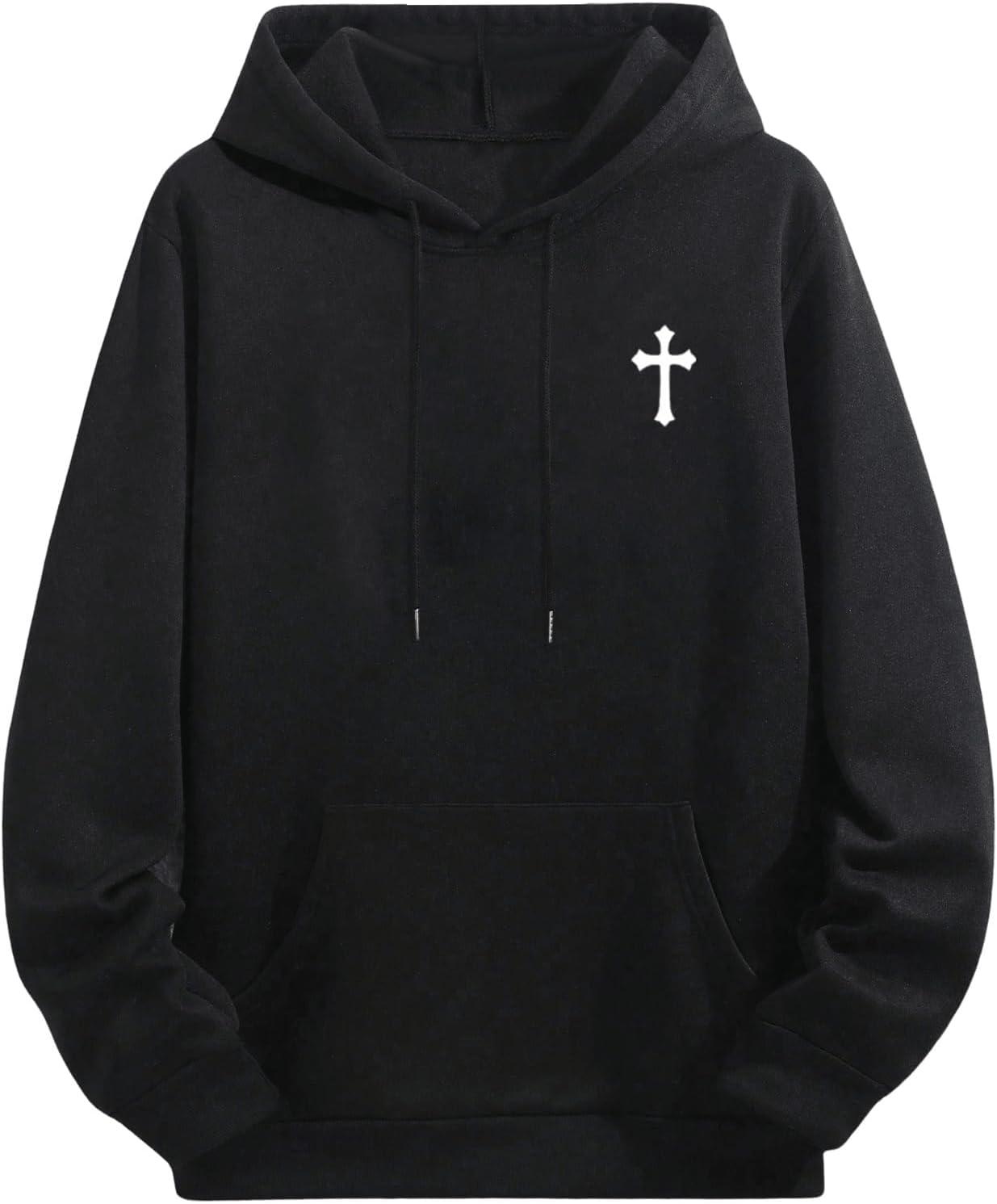 imageFloerns Mens Graphic Print Long Sleeve Drawstring Hoodie Pullover SweatshirtBlack Cross