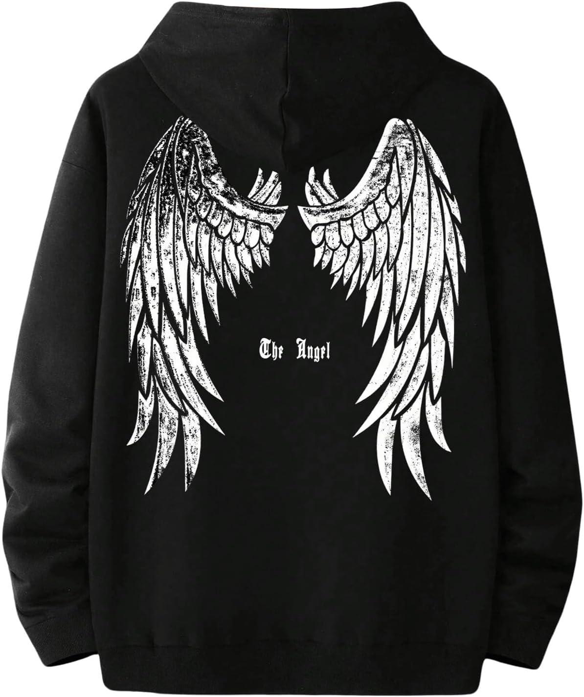 imageFloerns Mens Graphic Print Long Sleeve Drawstring Hoodie Pullover SweatshirtBlack White Wing