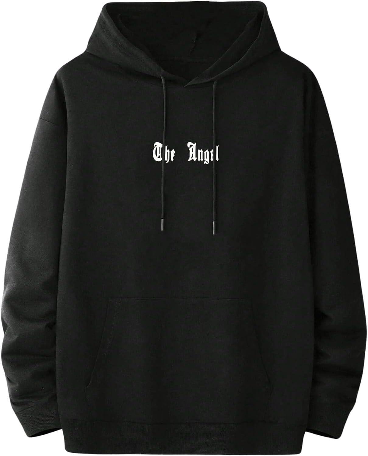imageFloerns Mens Graphic Print Long Sleeve Drawstring Hoodie Pullover SweatshirtBlack White Wing
