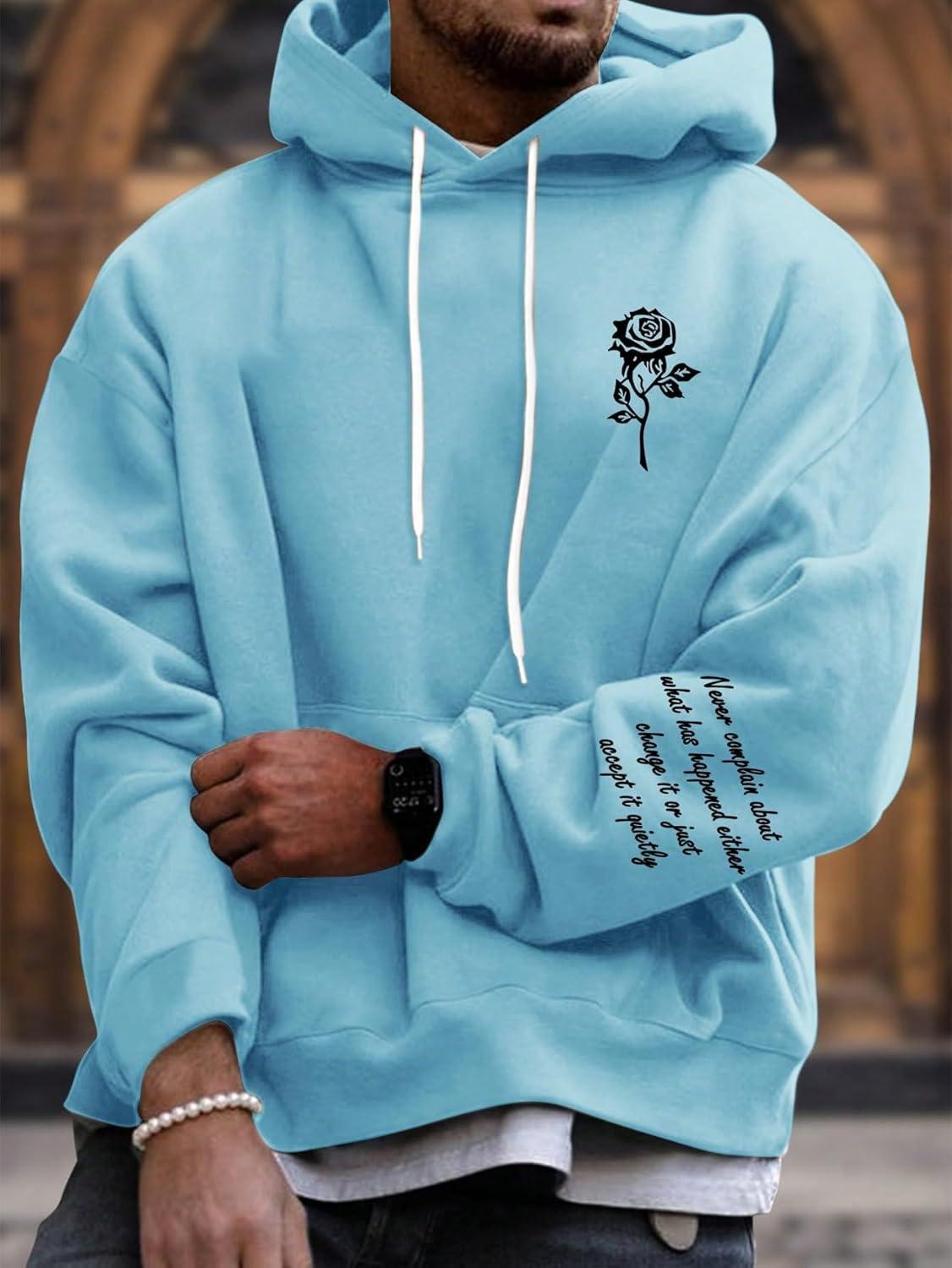 imageFloerns Mens Graphic Print Long Sleeve Drawstring Hoodie Pullover SweatshirtBlue Rose Floral