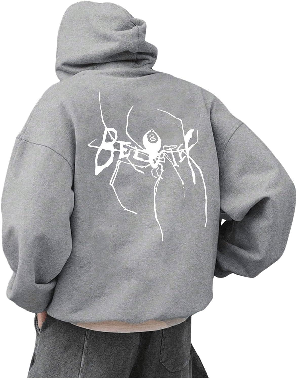 imageFloerns Mens Graphic Print Long Sleeve Drawstring Hoodie Pullover SweatshirtGrey Animal