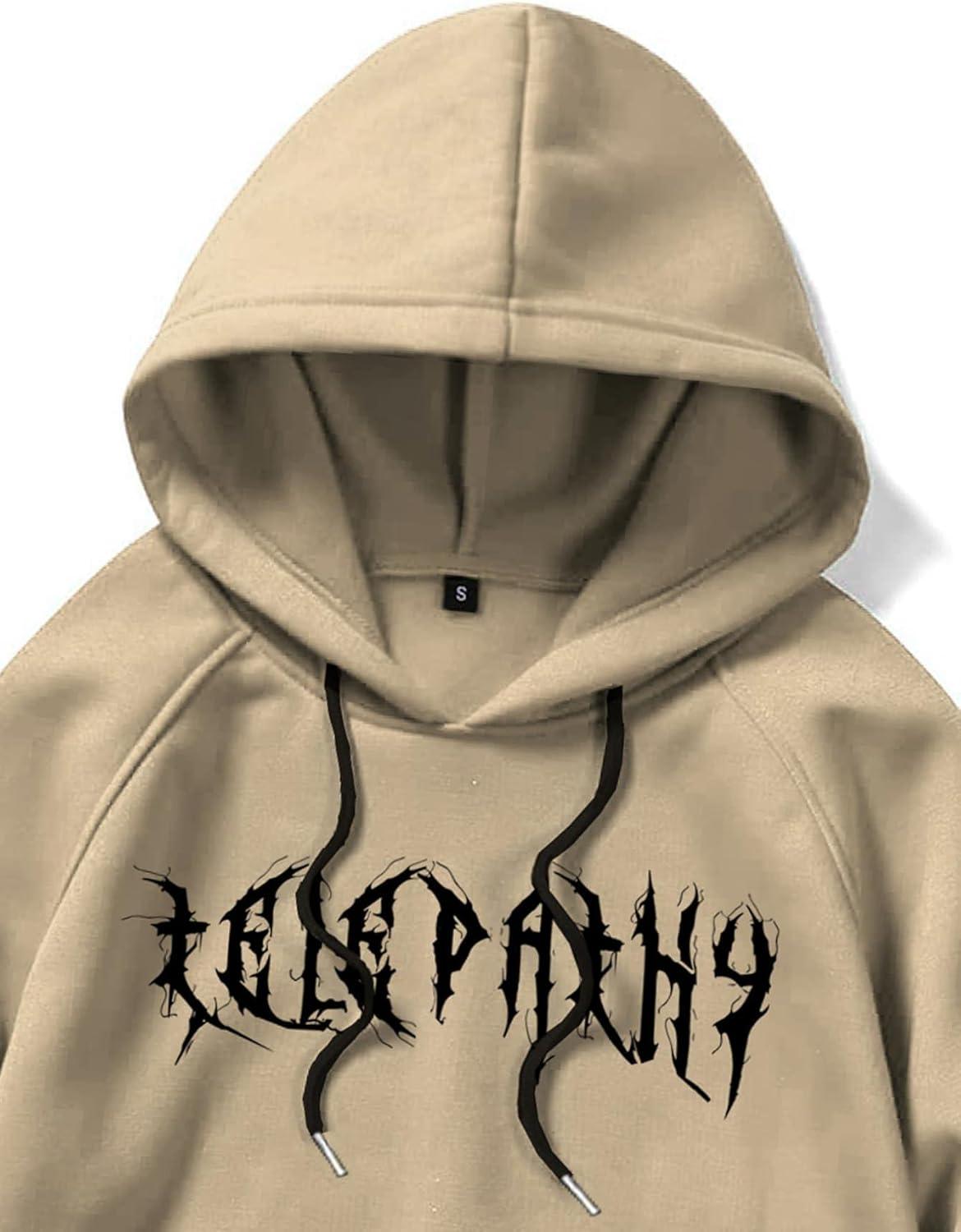 imageFloerns Mens Graphic Print Long Sleeve Drawstring Hoodie Pullover SweatshirtKhaki Letter