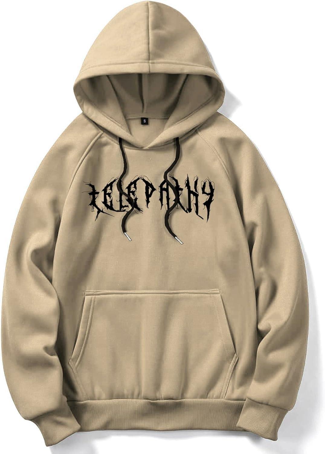 imageFloerns Mens Graphic Print Long Sleeve Drawstring Hoodie Pullover SweatshirtKhaki Letter