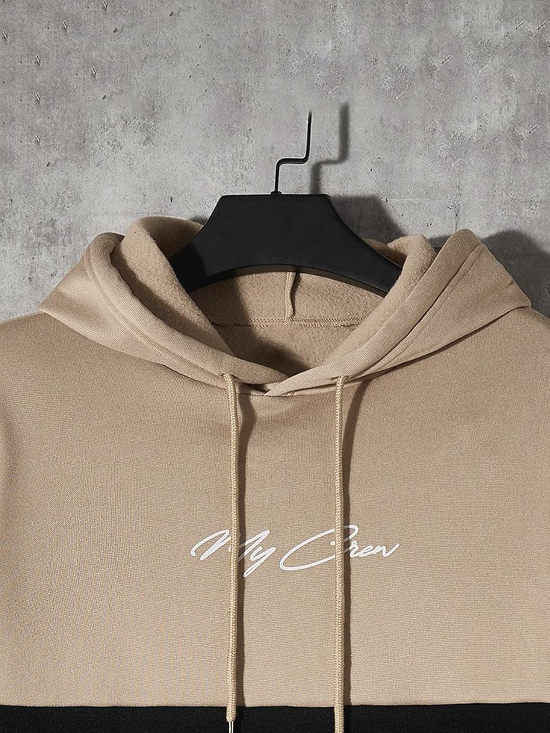 imageFloerns Mens Graphic Print Long Sleeve Drawstring Hoodie Pullover SweatshirtKhaki and Black
