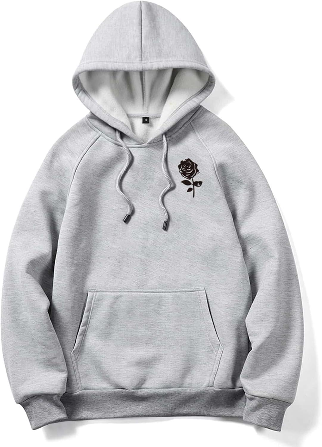 imageFloerns Mens Graphic Print Long Sleeve Drawstring Hoodie Pullover SweatshirtLight Grey