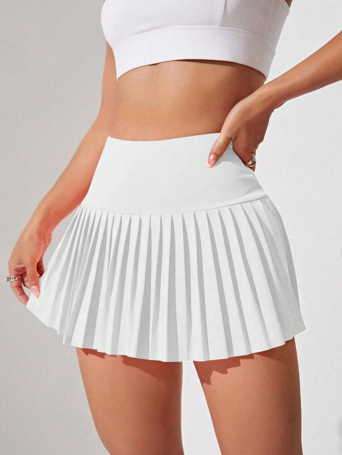imageFloerns Womens 3 Pcs High Waisted Pleated Athletic Golf Skorts Workout Sports SkirtsBlack White Pink