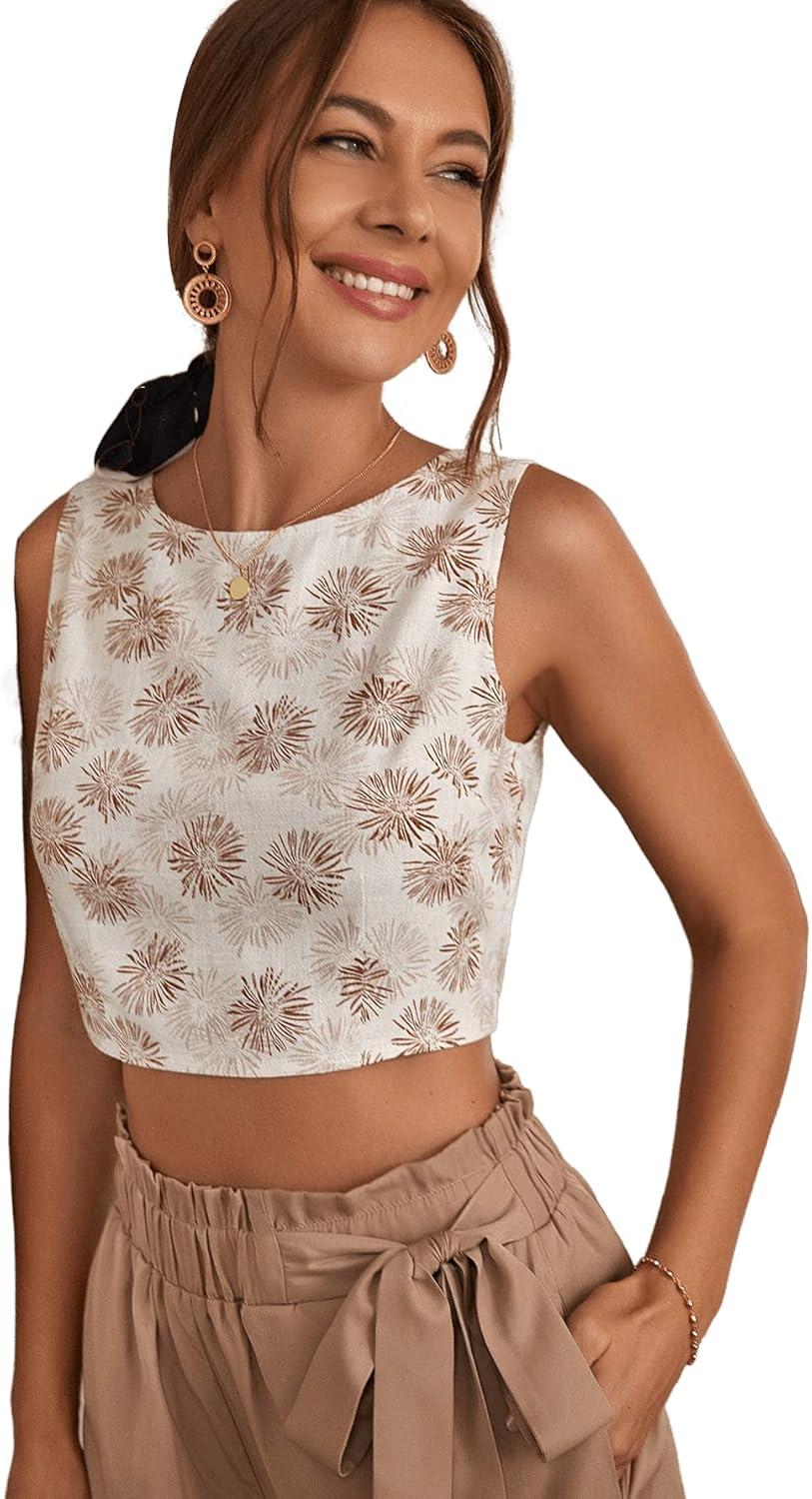 imageFloerns Womens Boho Sleeveless Backless Tie Back Allover Print Crop Tank TopsA Off White