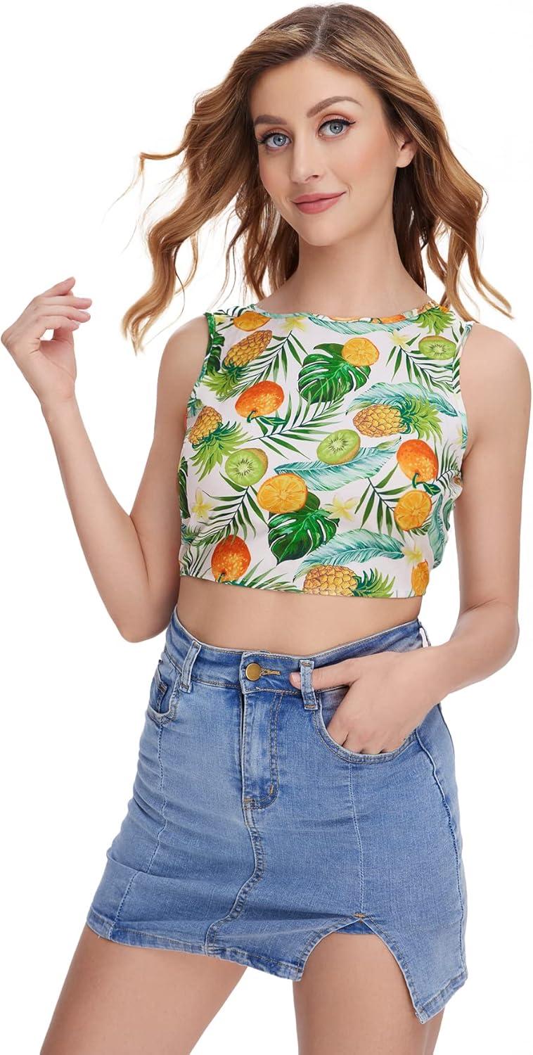 imageFloerns Womens Boho Sleeveless Backless Tie Back Allover Print Crop Tank TopsFruit Multi