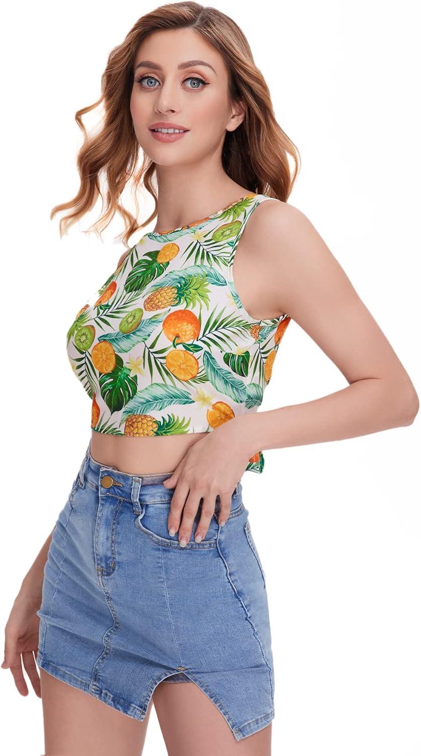 imageFloerns Womens Boho Sleeveless Backless Tie Back Allover Print Crop Tank TopsFruit Multi