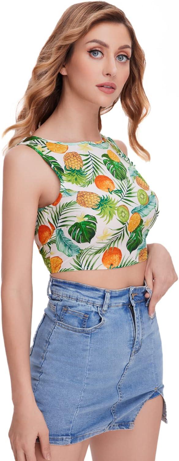 imageFloerns Womens Boho Sleeveless Backless Tie Back Allover Print Crop Tank TopsFruit Multi