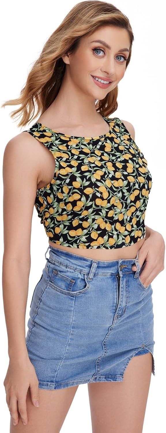 imageFloerns Womens Boho Sleeveless Backless Tie Back Allover Print Crop Tank TopsYellow Fruit