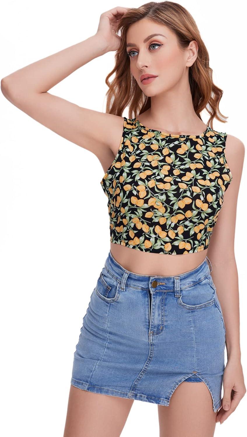 imageFloerns Womens Boho Sleeveless Backless Tie Back Allover Print Crop Tank TopsYellow Fruit