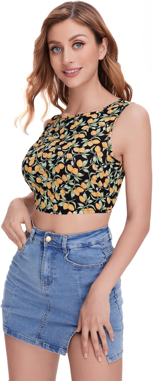 imageFloerns Womens Boho Sleeveless Backless Tie Back Allover Print Crop Tank TopsYellow Fruit