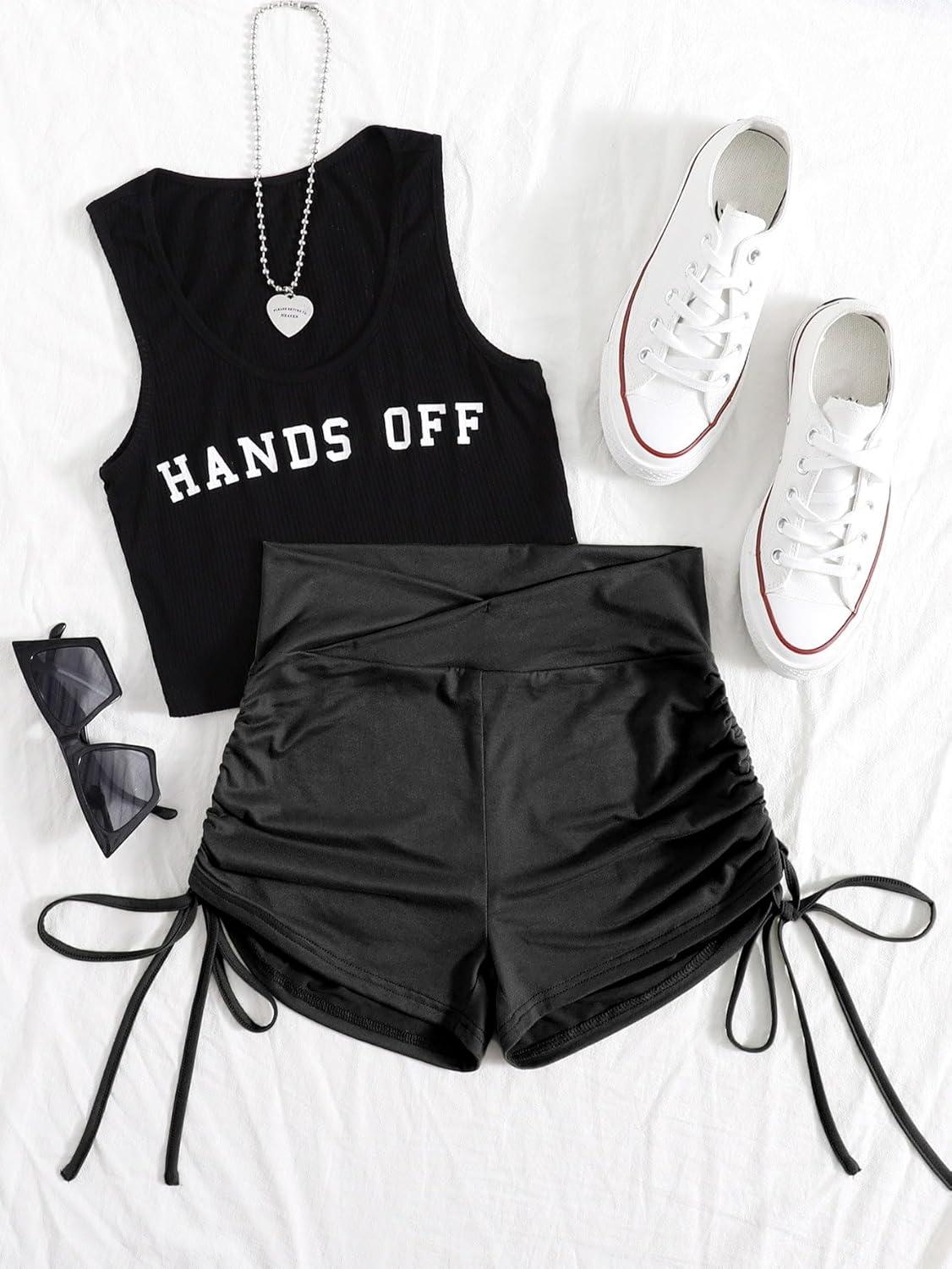 imageFloerns Womens Casual Elastic Waist Sports Shorts Drawstring Ruched Track ShortsBlack